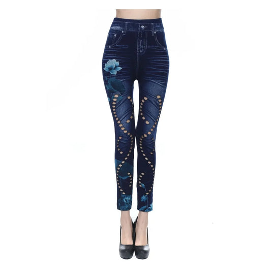 High-Waisted Women's Slim-Fit Faux Denim Pants with Heart and Flower Pattern