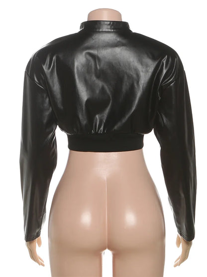 Women's Letter Print PU Crop Jacket