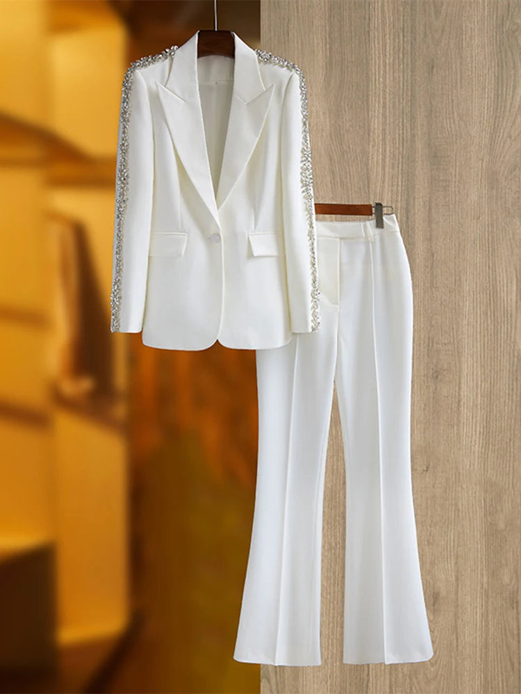 Women's Diamond-Decorated Two-Piece Beaded Blazer and Flare Pants Set
