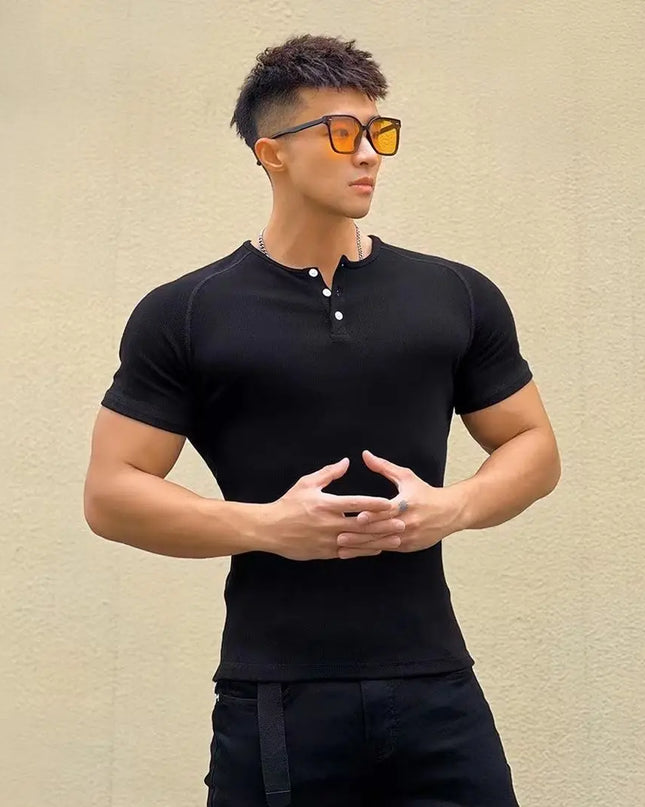 Men's Slim Fit Muscle T-Shirt - Half Button O-Neck