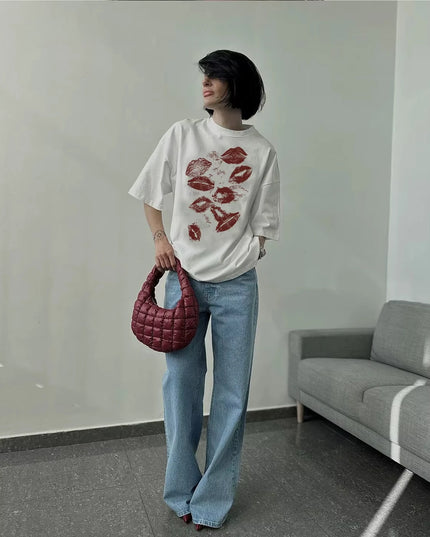 Women's Lips Print Cotton T-Shirt - Soft, Oversized, Retro Style
