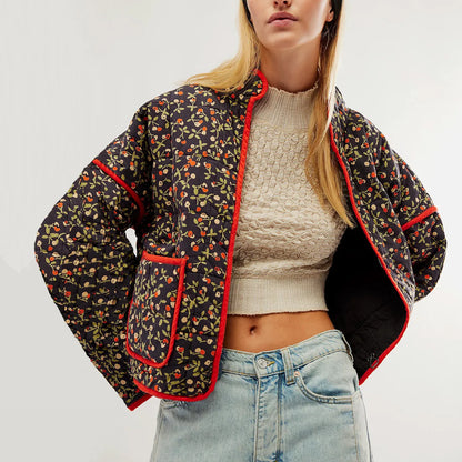 Women's Floral Print Lightweight Padded Quilted Cardigan Jacket
