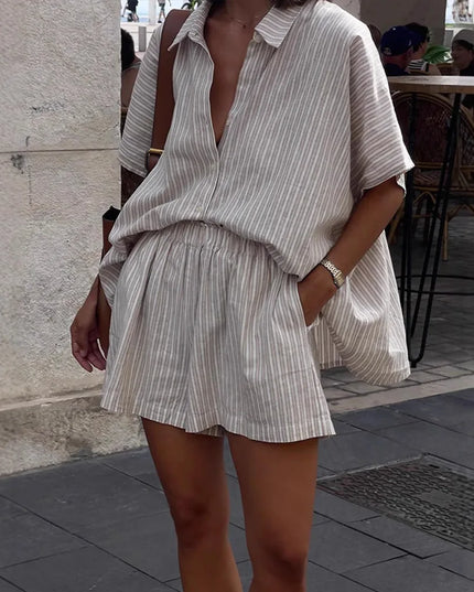 Women's Casual Two-Piece Set: Striped Short-Sleeved Shirt and Shorts, Loose Fit