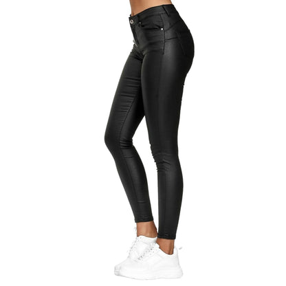 Women's  Faux Leather Skinny pants - High Waist Push-Up Design with Pockets