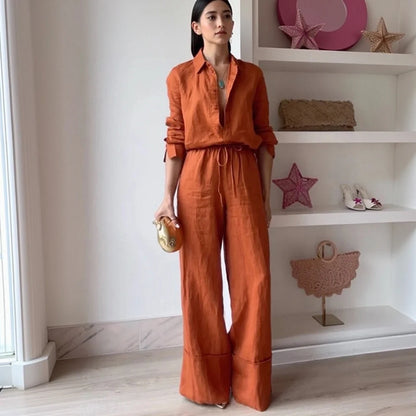 Women's 2-Piece Cotton Linen Drawstring Pants and Lapel Long Sleeve Shirt Set