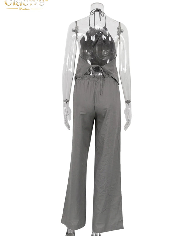 Women's Cotton Two-Piece Halter Sleeveless Tank Top & High-Waisted Wide-Leg Pants Set