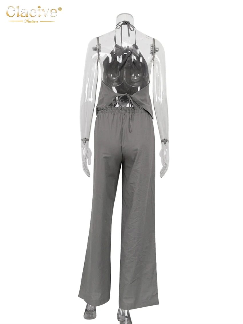 Women's Cotton Two-Piece Halter Sleeveless Tank Top & High-Waisted Wide-Leg Pants Set