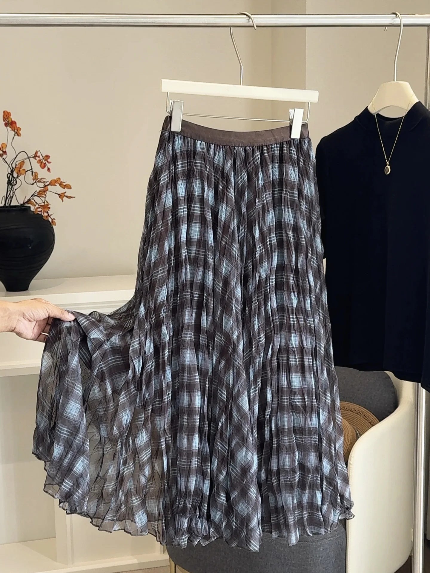 High-Waisted Mesh Splicing Plaid Midi Skirt for Women - Drape, Pleated, Loose Fit