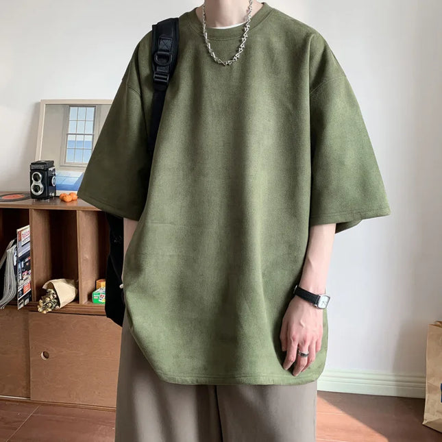 Men's Short Sleeve T-Shirt with Round Neck and Loose Fit in Suede Material