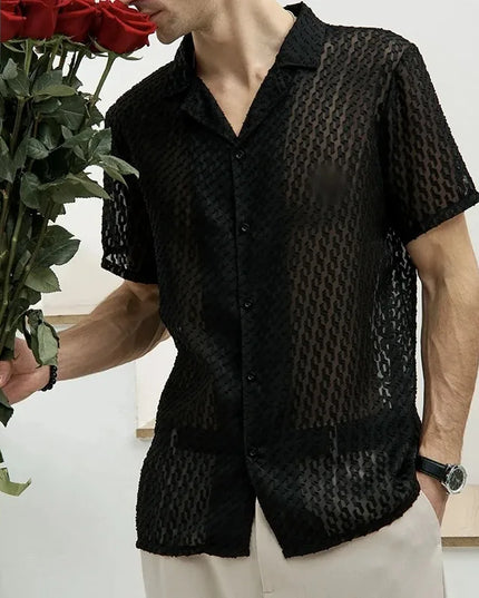 Men's Short Sleeve Mesh Lace Hollow Out Shirt