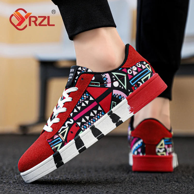 Red sneakers with geometric pattern worn by a person, brand 'RZL' visible.