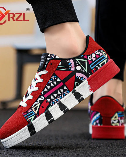 Red sneakers with geometric pattern worn by a person, brand 'RZL' visible.