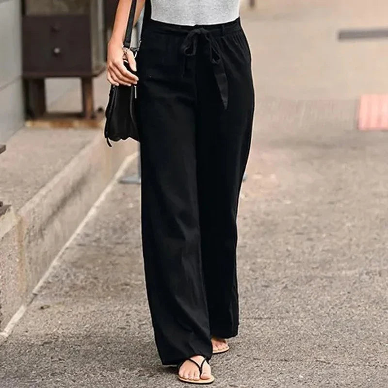 Women's Casual Loose Cotton Linen Pants - Elastic Waist, Straight Fit,