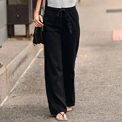 Women's Casual Loose Cotton Linen Pants - Elastic Waist, Straight Fit,