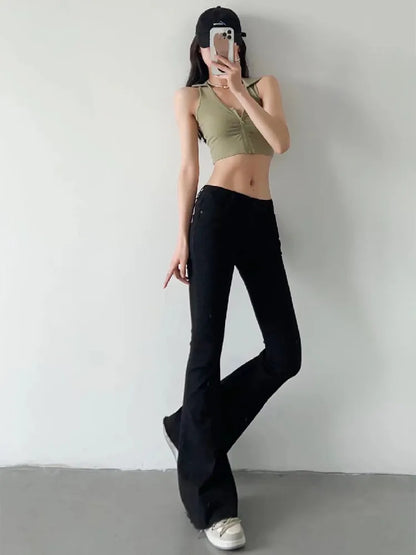 Women's Low Waist Flare Jean Pants - Vintage Stretch Denim for Women