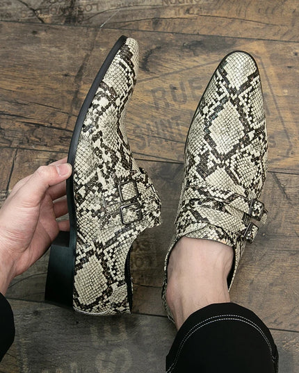 Men's Snake Print Double Buckle Pointed Toe Dress Shoes