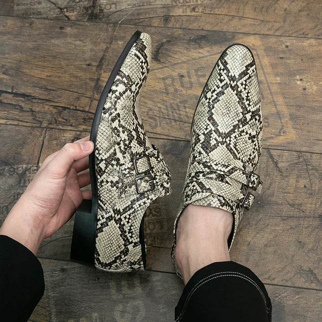 Men's Snake Print Double Buckle Pointed Toe Dress Shoes