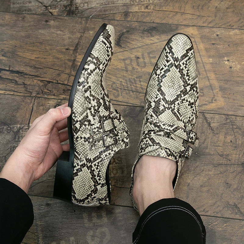 Men's Snake Print Double Buckle Pointed Toe Dress Shoes