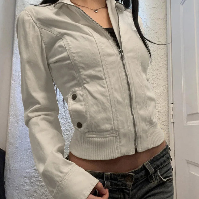 Vintage Jacket for Women – Slim Fit, Stand Collar, Zip-Up Design with Pockets