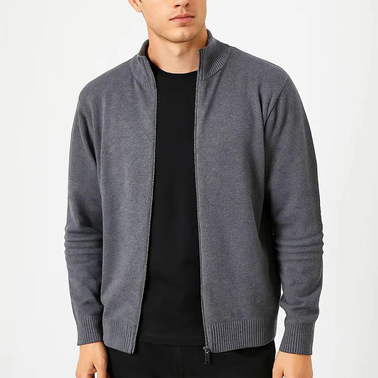 Men's Full-Zip Knitted Sweater Jacket – Slim Fit, Stand Collar