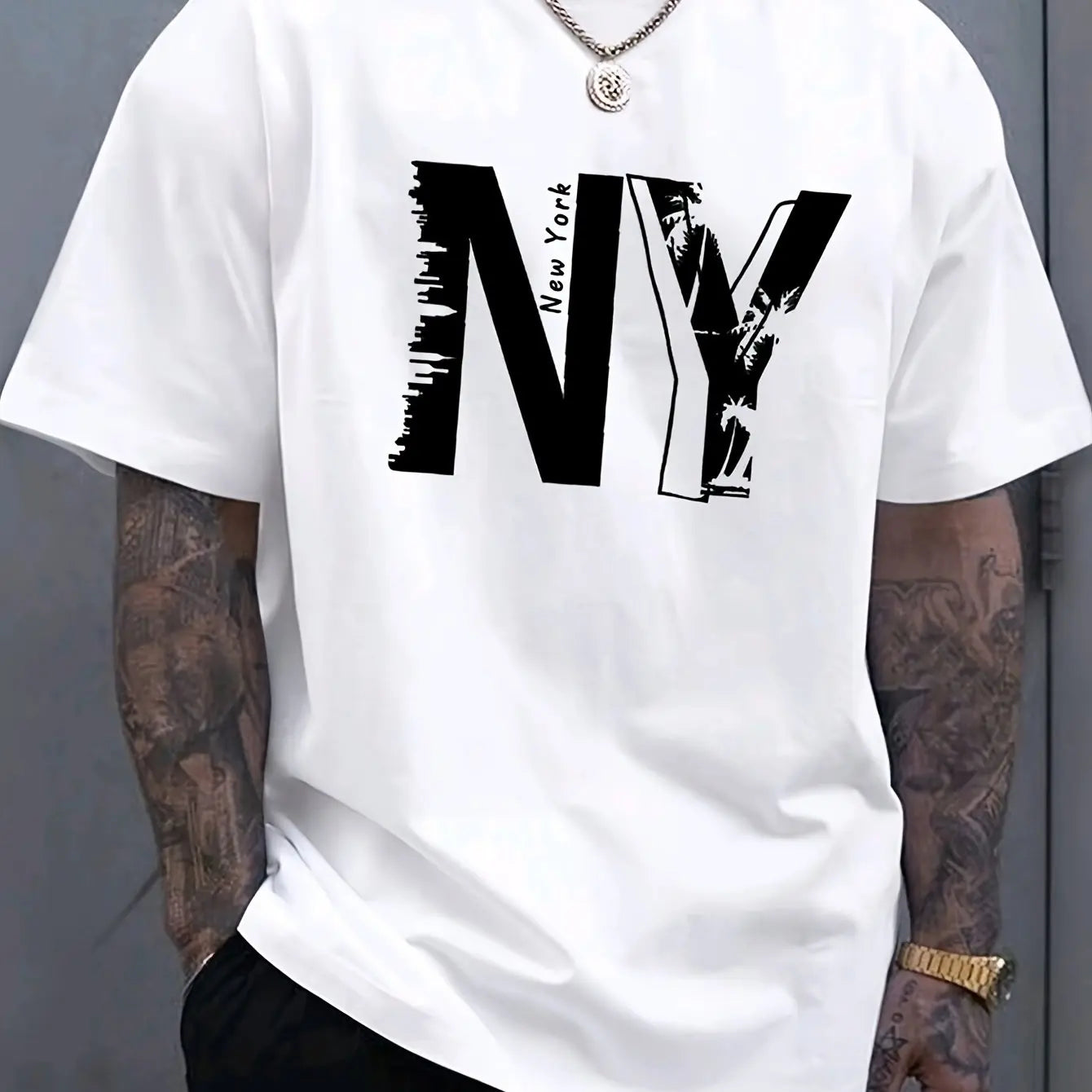 Men's 100% Cotton Casual T-Shirt with NY Letter Print