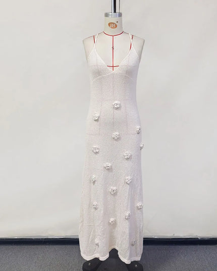 Women's Elegant 3D Flower Knitted Maxi Dress with Lace-Up Design