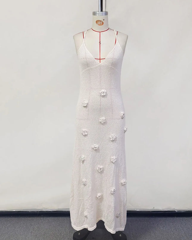 Women's Elegant 3D Flower Knitted Maxi Dress with Lace-Up Design
