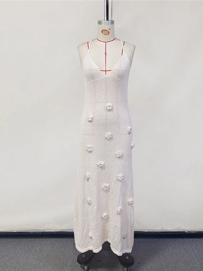 Women's Elegant 3D Flower Knitted Maxi Dress with Lace-Up Design