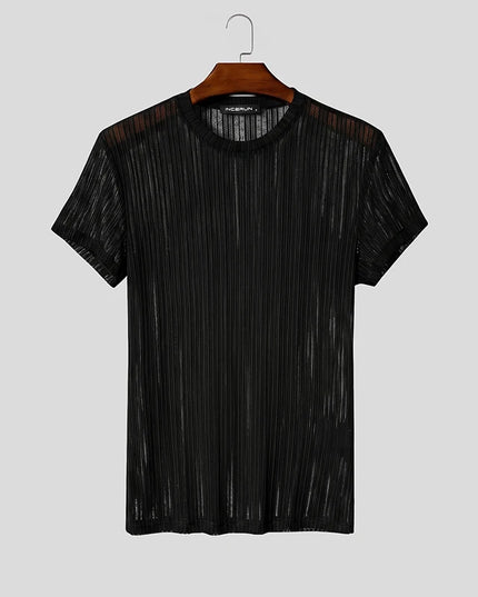 Incerun Men's Mesh See-Through Striped O-Neck T-Shirt
