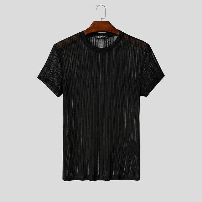 Incerun Men's Mesh See-Through Striped O-Neck T-Shirt