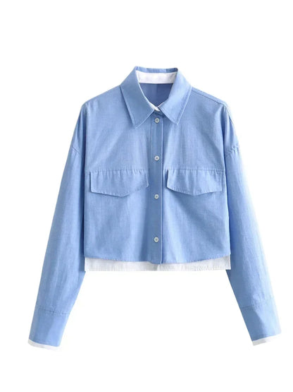 Women's Crop Blouse Shirt with Lapel, Long Sleeves, and Pocket