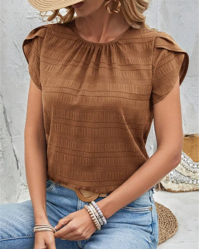 Women's Short Sleeve Loose Fit Round Neck Petal Sleeve Blouse