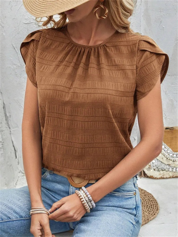 Women's Short Sleeve Loose Fit Round Neck Petal Sleeve Blouse