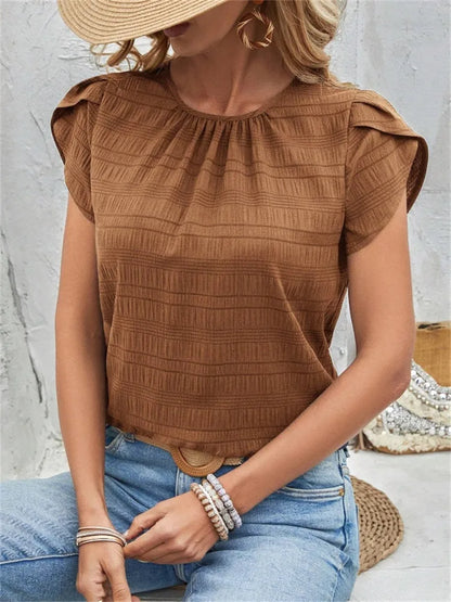 Women's Short Sleeve Loose Fit Round Neck Petal Sleeve Blouse