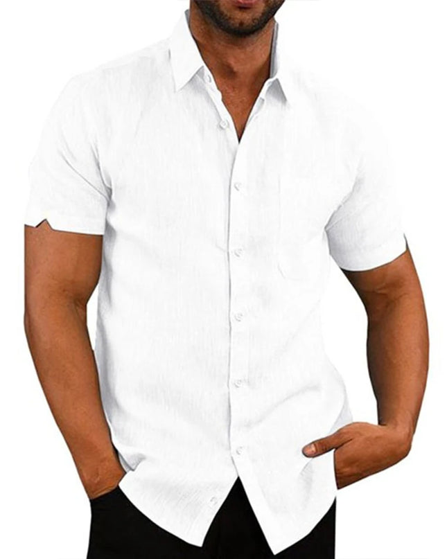 Casual Men's Short-Sleeved Cotton Linen Shirt with Turn-down Collar