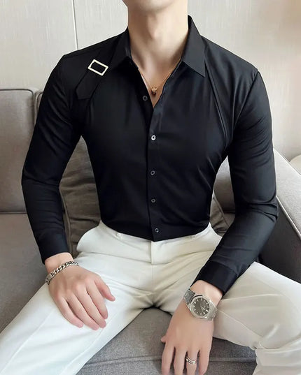 Strap-Detail Long Sleeve Slim Fit Casual Shirt For Men