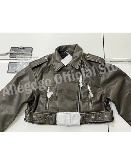 Vintage-Inspired Women’s Loose Faux Leather Short Jacket with Belt and Zipper