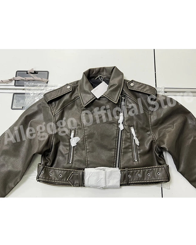 Vintage-Inspired Women’s Loose Faux Leather Short Jacket with Belt and Zipper