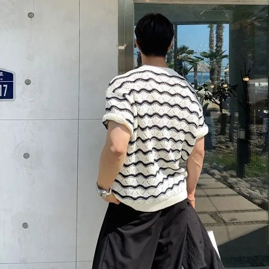 Men's Knit Jacquard Striped Hollow-Out Casual T-Shirt
