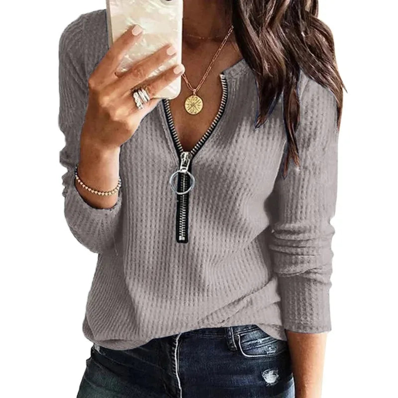  Women's Long Loose Fit Sweater with Zipper Collar