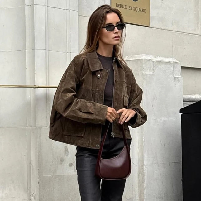 Women's Faux Leather Jacket with Pockets