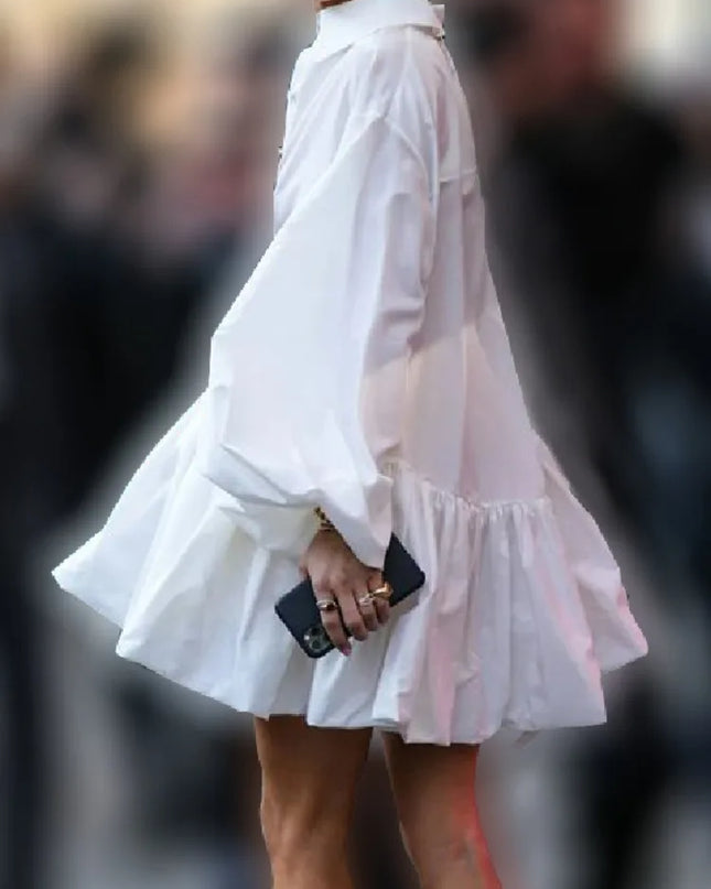 Women's Short Dress with Lapel Collar, Puff Long Sleeves, Split-Joint Pleated Shirt Dress