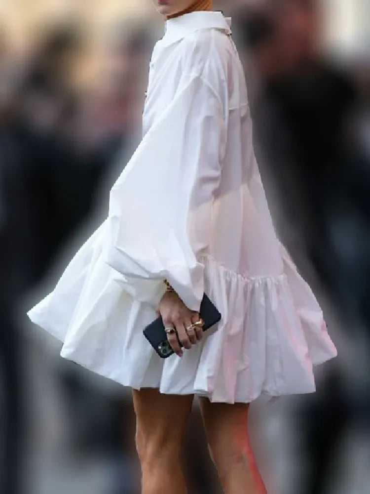 Women's Short Dress with Lapel Collar, Puff Long Sleeves, Split-Joint Pleated Shirt Dress