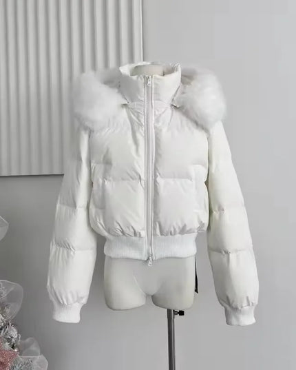 Women's Fur Collar Zipper Hooded Short Jacket - Thickened and Warm