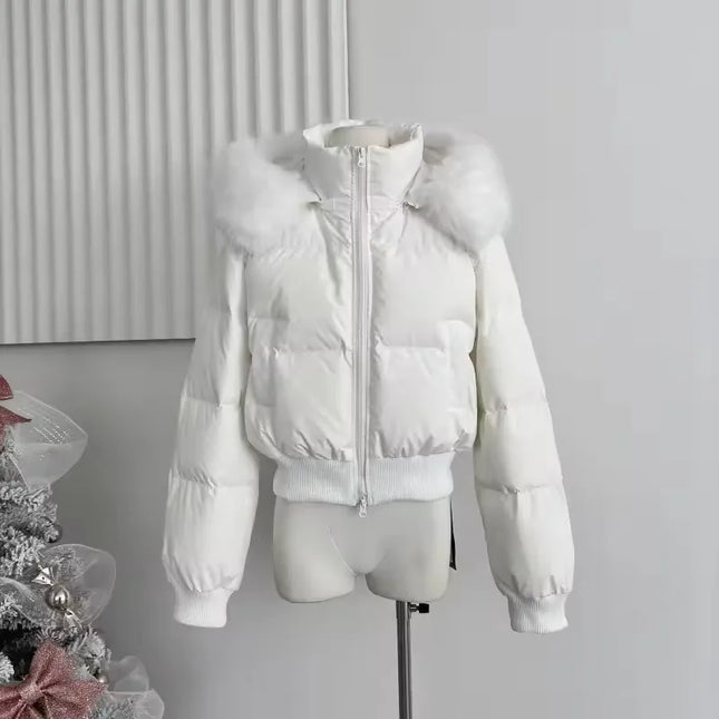 Women's Fur Collar Zipper Hooded Short Jacket - Thickened and Warm