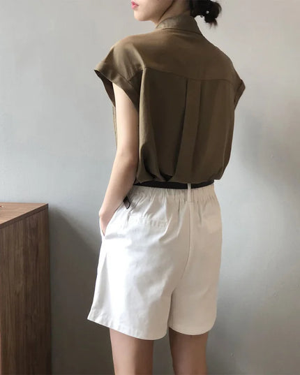 Women's Loose-Fitting Short Sleeve Shirt Blouse with Thin Style Lapel and Pocket