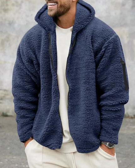 Men's Warm Plush Hooded Cardigan - Long Sleeve