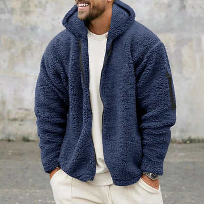 Men's Warm Plush Hooded Cardigan - Long Sleeve