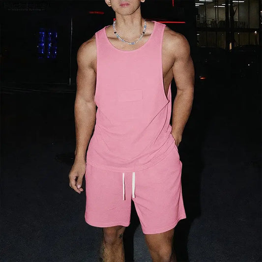 Incerun Men's Two-Piece Breathable Tank Top and Drawstring Shorts Set