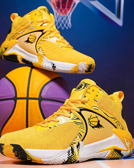 Yellow basketball shoes with black and white details on a basketball court background